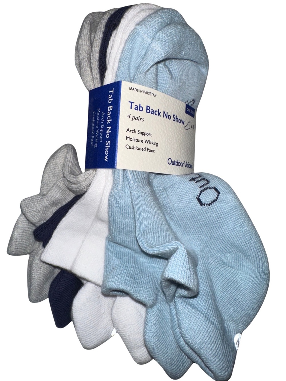 Outdoor Voices Tab Back No Show Women's Sock 4-Pack - Lt Blue, White, Gray, Navy